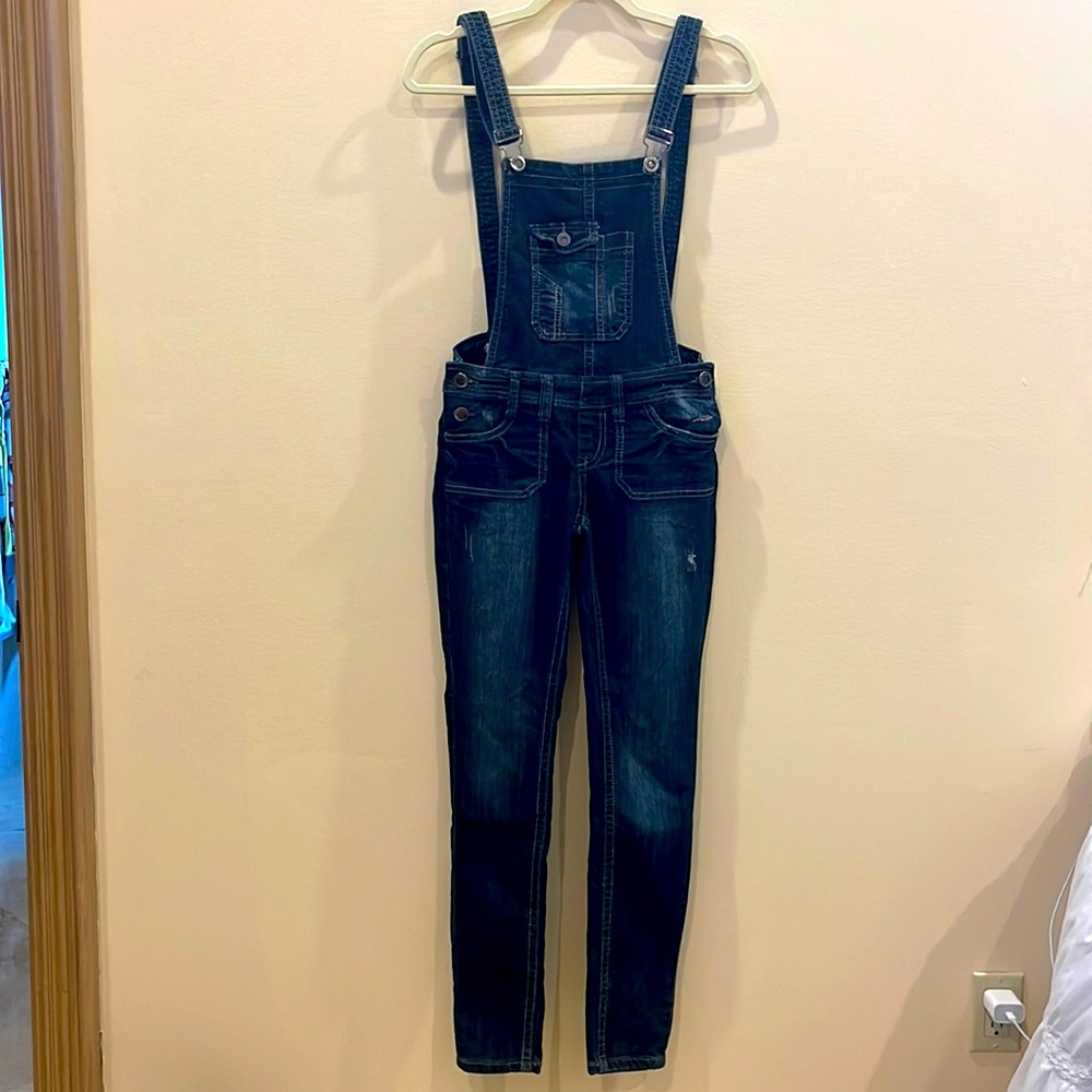 Dark wash overalls